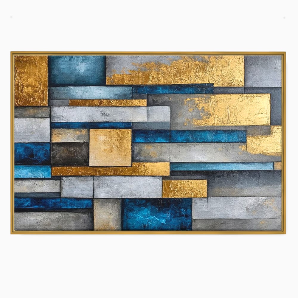 Tablou canvas cu pictura abstracta cu forme geometrice aurii, in rama de aluminiu auriu
